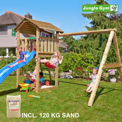 Jungle Gym Cottage leikkitornikokonaisuus ja keinumoduuli, 120 kg hiekkaa sekä sininen liukumäki