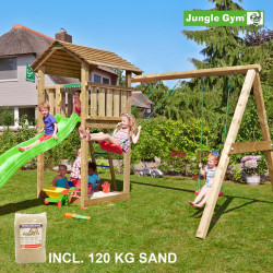Jungle Gym Cottage leikkitornikokonaisuus ja keinumoduuli, 120 kg hiekkaa sekä vihreä liukumäki