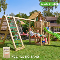 Jungle Gym Cubby leikkitornikokonaisuus ja kiipeilymoduuli, 120 kg hiekkaa sekä vihreä liukumäki