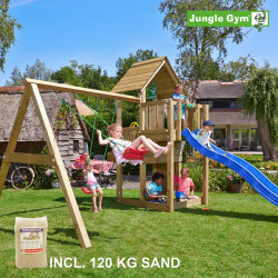 Jungle Gym Cubby leikkitornikokonaisuus ja keinumoduuli, 120 kg hiekkaa sekä sininen liukumäki