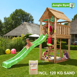 Jungle Gym Cabin leikkitornikokonaisuus ja 120 kg hiekkaa sekä vihreä liukumäki