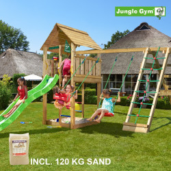 Jungle Gym Cabin leikkitornikokonaisuus ja kiipeilymoduuli, 120 kg hiekkaa sekä vihreä liukumäki
