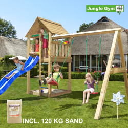 Jungle Gym Cabin leikkitornikokonaisuus ja keinumoduuli, 120 kg hiekkaa sekä sininen liukumäki