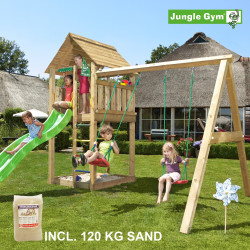 Jungle Gym Cabin leikkitornikokonaisuus ja keinumoduuli, 120 kg hiekkaa sekä vihreä liukumäki