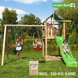 Jungle Gym Lodge leikkitornikokonaisuus keinumoduulilla, 120 kg hiekkaa sekä vihreä liukumäki
