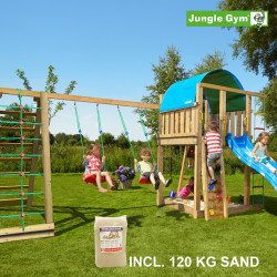Jungle Gym Villa leikkitornikokonaisuus kiipeilymoduulilla, 120 kg hiekkaa sekä sininen liukumäki