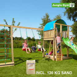 Jungle Gym Villa leikkitornikokonaisuus kiipeilymoduulilla, 120 kg hiekkaa sekä vihreä liukumäki