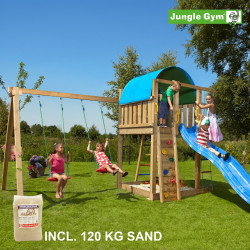 Jungle Gym Villa leikkitornikokonaisuus keinumoduulilla, 120 kg hiekkaa sekä sininen liukumäki