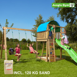 Jungle Gym Villa leikkitornikokonaisuus keinumoduulilla, 120 kg hiekkaa sekä vihreä liukumäki