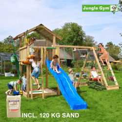 Jungle Gym Chalet leikkitornikokonaisuus kiipeilymoduulilla, 120 kg hiekkaa sekä sininen liukumäki