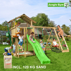 Jungle Gym Chalet leikkitornikokonaisuus kiipeilymoduulilla, 120 kg hiekkaa sekä vihreä liukumäki