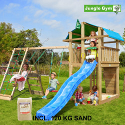 Jungle Gym Fort leikkitornikokonaisuus kiipeilymoduulilla, 120 kg hiekkaa sekä sininen liukumäki