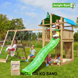 Jungle Gym Fort leikkitornikokonaisuus kiipeilymoduulilla, 120 kg hiekkaa sekä vihreä liukumäki
