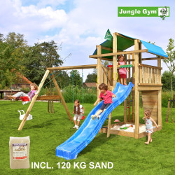 Jungle Gym Fort leikkitornikokonaisuus keinumoduulilla, 120 kg hiekkaa sekä sininen liukumäki