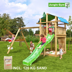 Jungle Gym Fort leikkitornikokonaisuus keinumoduulilla, 120 kg hiekkaa sekä vihreä liukumäki