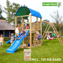Jungle Gym Farm leikkitornikokonaisuus kiipeilymoduulilla, 120 kg hiekkaa sekä sininen liukumäki