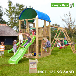 Jungle Gym Farm leikkitornikokonaisuus kiipeilymoduulilla, 120 kg hiekkaa sekä vihreä liukumäki