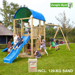 Jungle Gym Farm leikkitornikokonaisuus keinumoduulilla, 120 kg hiekkaa sekä sininen liukumäki