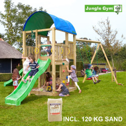 Jungle Gym Farm leikkitornikokonaisuus keinumoduulilla, 120 kg hiekkaa sekä vihreä liukumäki