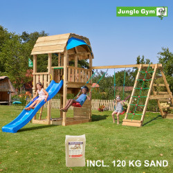 Jungle Gym Barn leikkitornikokonaisuus kiipeilymoduulilla, 120 kg hiekkaa sekä sininen liukumäki