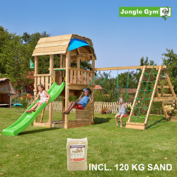 Jungle Gym Barn leikkitornikokonaisuus kiipeilymoduulilla, 120 kg hiekkaa sekä vihreä liukumäki