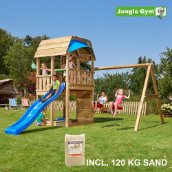 Jungle Gym Barn leikkitornikokonaisuus keinumoduulilla, 120 kg hiekkaa sekä sininen liukumäki