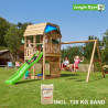 Jungle Gym Barn leikkitornikokonaisuus keinumoduulilla, 120 kg hiekkaa sekä vihreä liukumäki