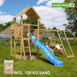 Jungle Gym Palace leikkitornikokonaisuus kiipeilymoduulilla, 120 kg hiekkaa sekä sininen liukumäki