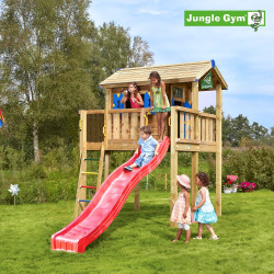 Jungle Gym Playhouse Tower XL - leikkimökki jalustalla ja punainen liukumäki