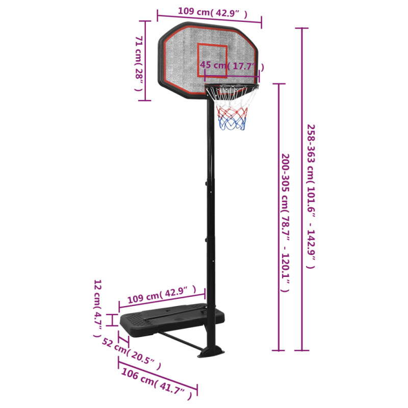 Säädettävä Koripalloteline, 258-363cm, Polyeteeni, Valkoinen/Musta