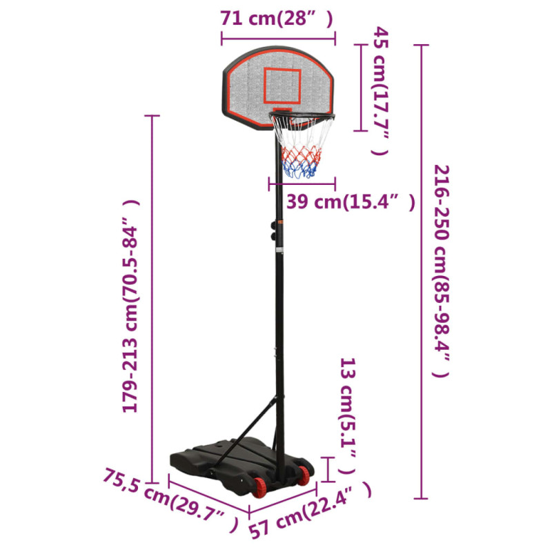 Säädettävä Koripalloteline, 216-250cm, Polyeteeni, Valkoinen/Musta