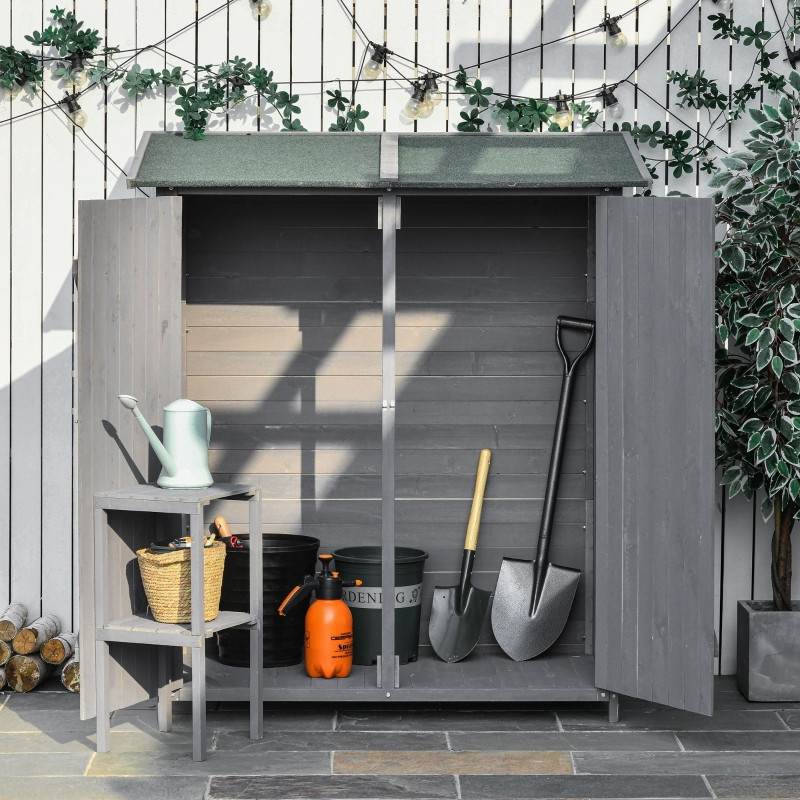 Outsunny työkaluvaja 2 ovea asfalttikatto puutarhan säilytyskaappi lattianauloilla kuusipuuta vihreä+harmaa 139 x 75 x 160 cm