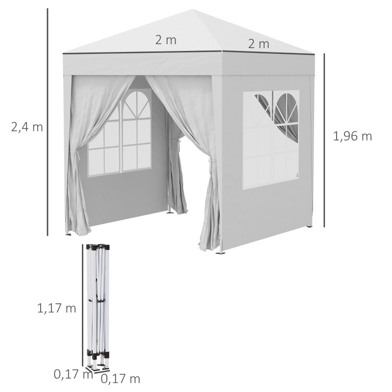 Pop-up juhlateltta 4 irrotettavaa sivuseinää, 2 ikkunaa, metallirunko, 2 x 2 m, valkoinen
