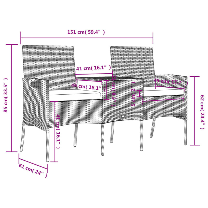 2-istuttava Puutarhasohva ja sivupöytä polyrottinki antrasiitti