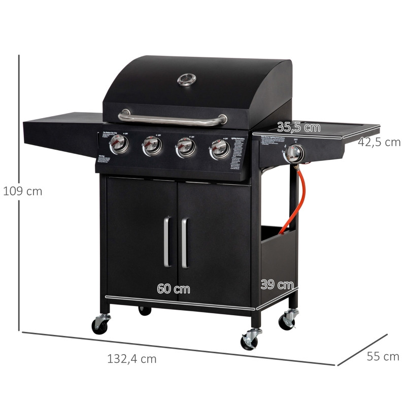 Outsunny kaasugrilli BBQ 3 polttimella 3kw sivupöydät paineenalennin letkut kaappi teräs musta 132.4cm x 55cm x 109cm