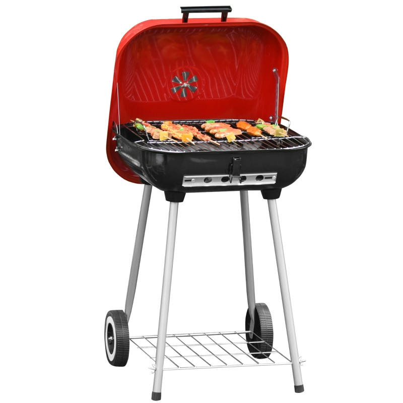 Outsunny puuhiiligrilli grilli vaunu vedenkeitin grilli pyörillä hylly kannella BBQ metalli punainen 48 x 52.5 x 79.5cm