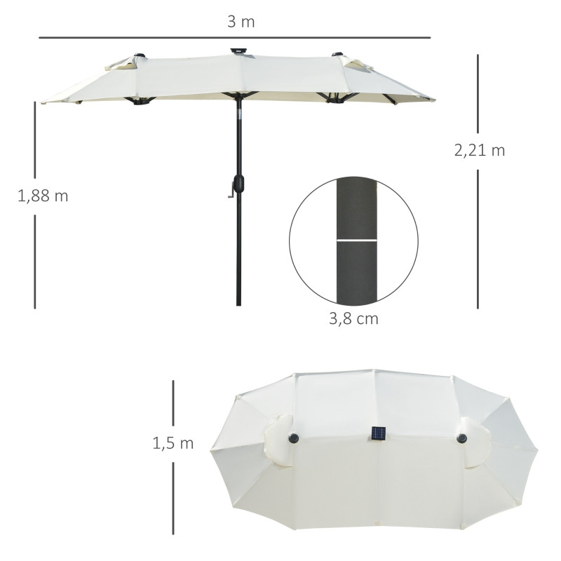 Outsunny aurinkovarjo, kallistettava, aurinkopaneelilla, 35 LEDiä, teräsrunko, beige, 2,95 x 1,50 x 2,19 m.
