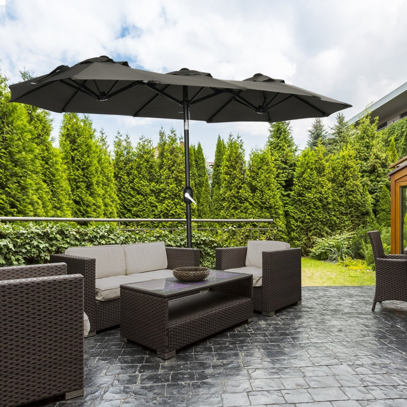 Outsunny aurinkovarjo, puutarhavarjo, kallistettava, käsikahva, tuulivarjo, polyesteri+teräs, harmaa, 285 x 147 cm.