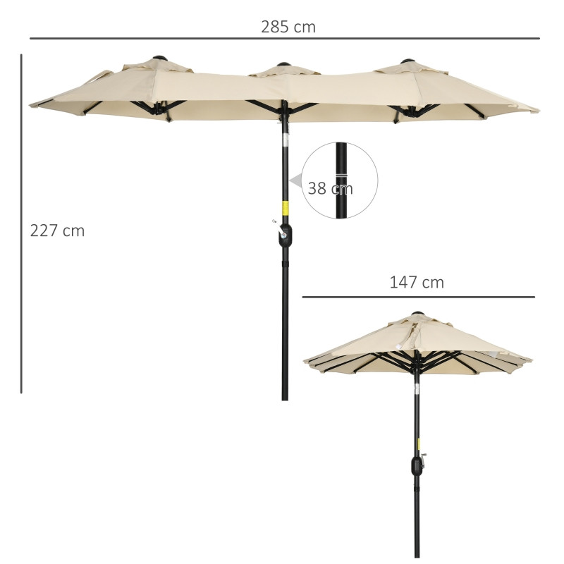 Outsunny aurinkovarjo, puutarhavarjo, kallistettava, käsikahva, tuulivarjo, polyesteri+teräs, khaki, 285 x 147 cm.