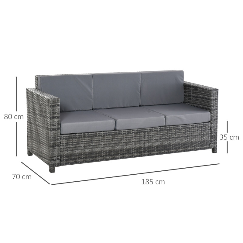 Outsunny polyrottinki sohva tyynyillä 3-paikkainen puutarha lounge sohva metalli polyesteri harmaa 185 x 70 x 80 cm
