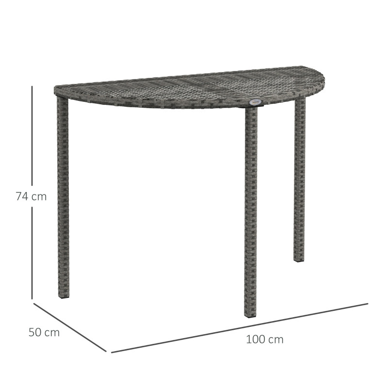 Outsunny puutarhapöytä, puoliympyrän muotoinen, polyrottinki+metalli, 100x50x74 cm, harmaa