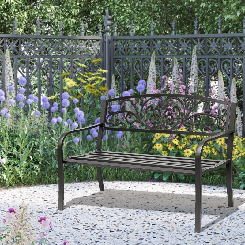 Outsunny metallinen puutarhapenkki, kukkamalli, 2-paikkainen, 240 kg kantavuus, teräs, 127L x 60W x 87H cm, musta
