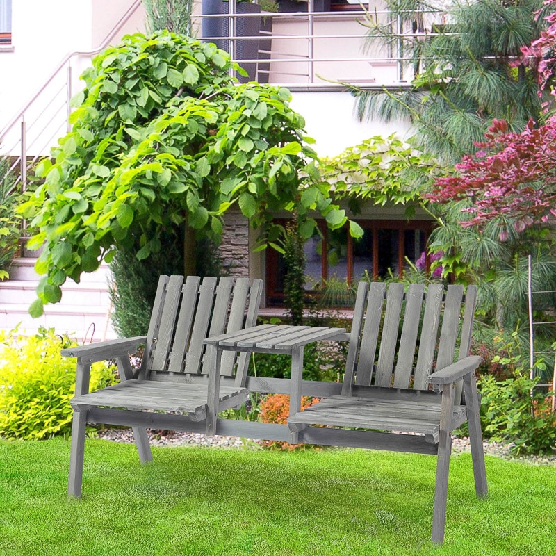 Outsunny puutarhapenkki pöydällä, sateenvarjoaukolla, massiivipuuta, harmaa, 152 x 70 x 83 cm