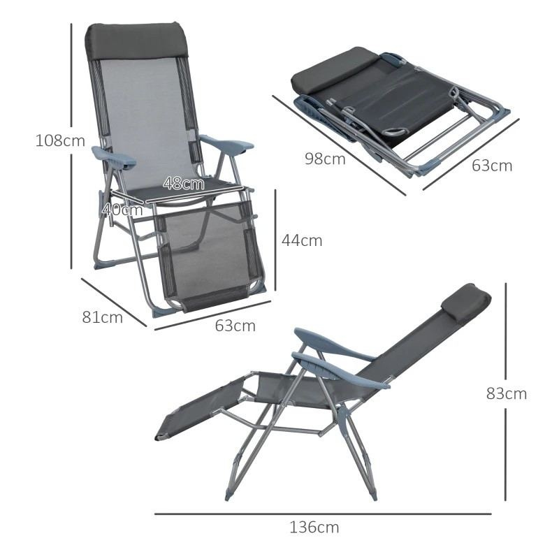Outsunny taittuva tuoli puutarhatuoli, säänkestävä, kokoontaitettava, 63 cm x 81 cm x 108 cm, harmaa + hopea