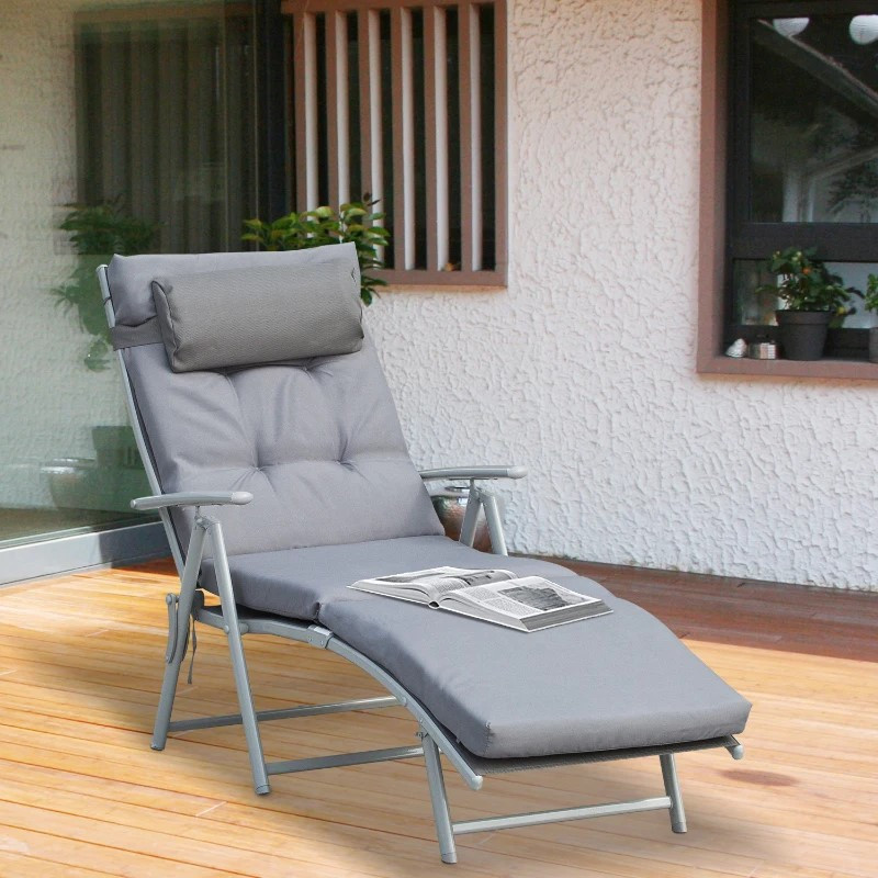 Outsunny puutarhatuoli kokoontaitettava säädettävä tyynyllä metalli kangas harmaa 137 x 63.5 x 100.5 cm
