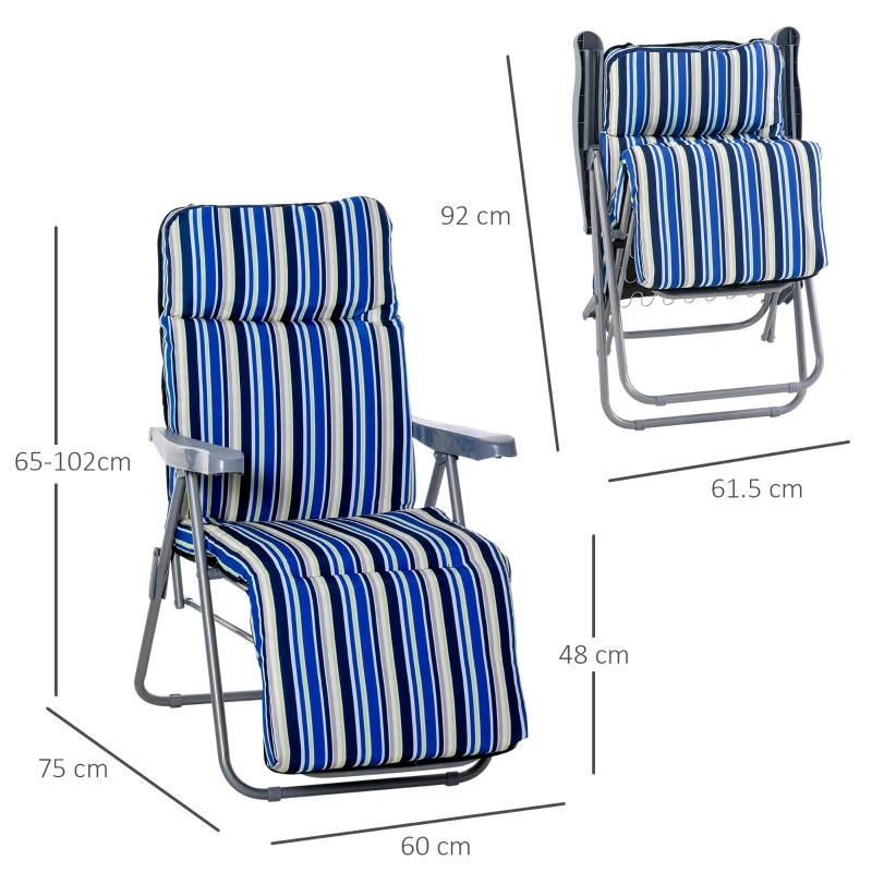 Outsunny 2 aurinkotuolia tyynyillä säädettävä selkänoja terästä polyesteriä sininen 60 x 75 x 65-102 cm