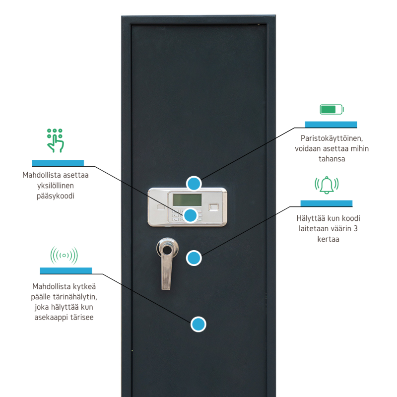 POHJOLAN URHEILUTARVIKE Asekaappi 7+3 Aseelle Digitaalilukolla EN 14450, 159x60x50cm, Harmaa