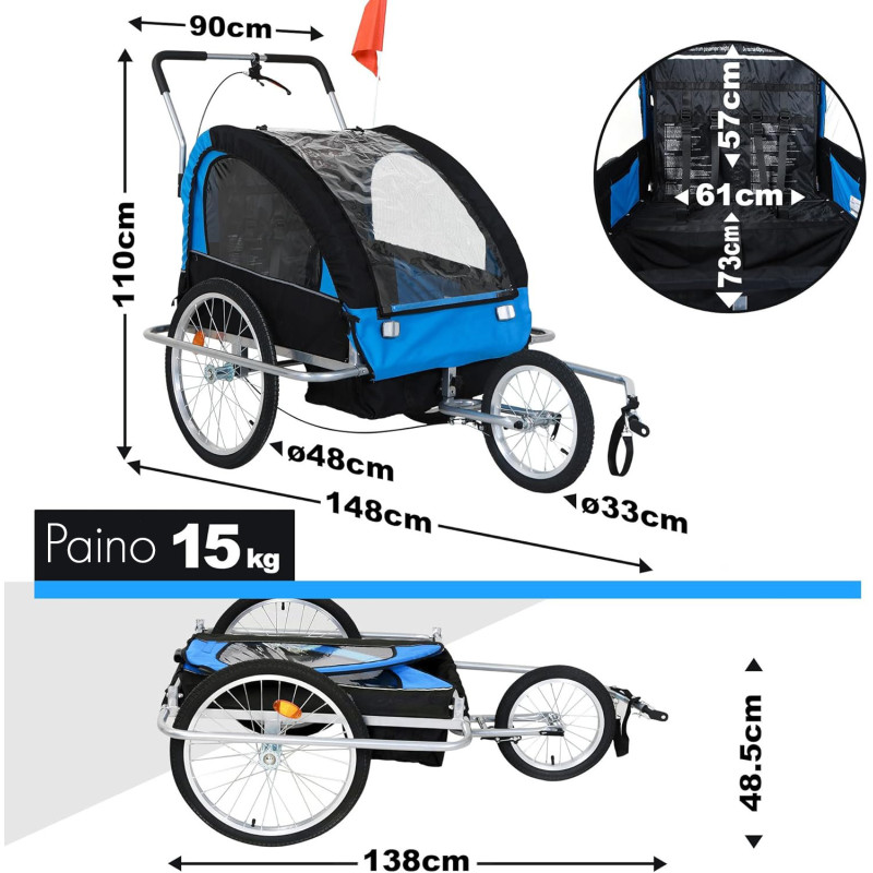 2-in-1 Polkupyöräperävaunu 2 lapselle, kokoontaitettava, 5-pisteturvavyöllä, vihreä