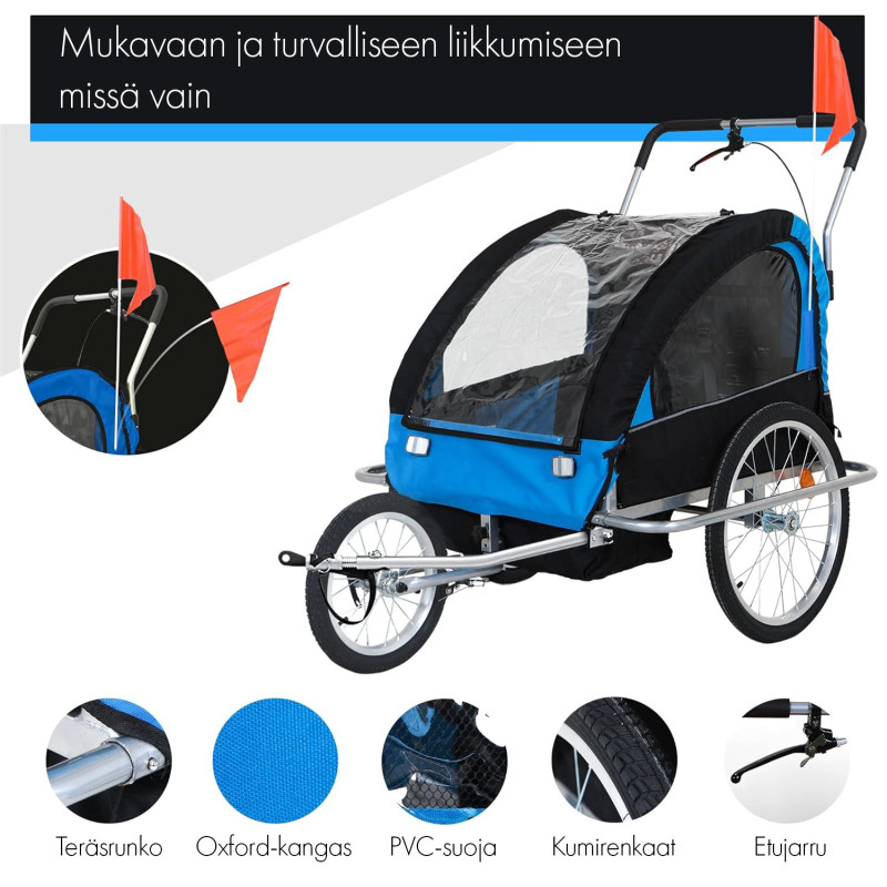 2-in-1 Polkupyöräperävaunu 2 lapselle, kokoontaitettava, 5-pisteturvavyöllä, punainen