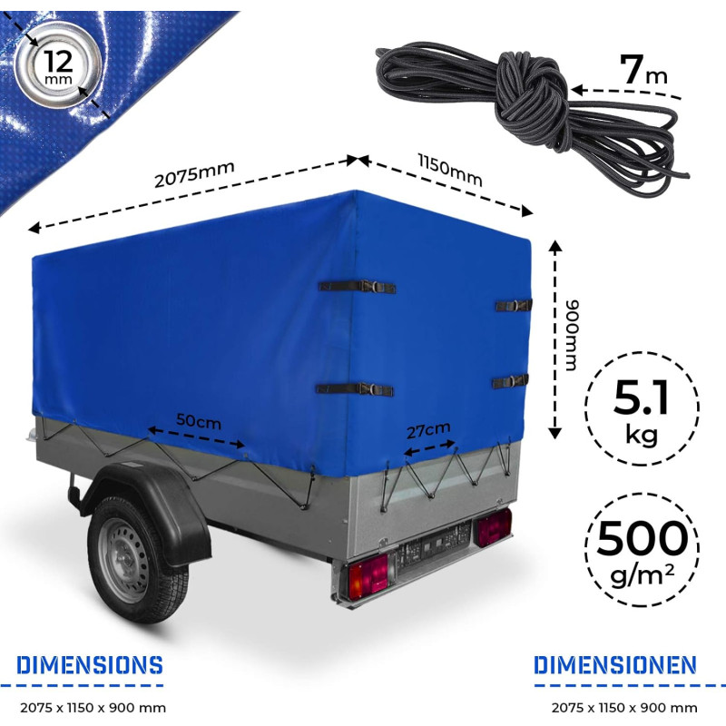 Pressu peräkärryyn 2075 x 1150 x 900 mm, kumihihnalla, silmukoilla ja solkihihnalla, vedenpitävä, Sininen